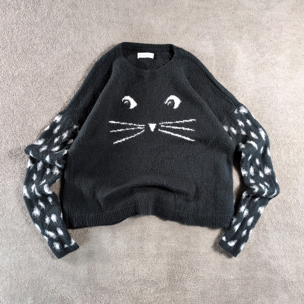 Abercrombie Fitch Womens Black Cat Face Crew Neck Knit Sweater Size M‎